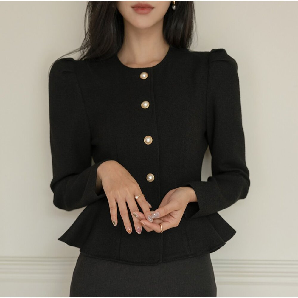 Ode Faux Tweed Peplum Gold Pearl Black Longsleeve Blouse